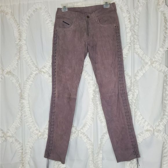 Diesel Black Gold Skinny Suede Leather Lace Up Side Pants Size 27 - Picture 1 of 6